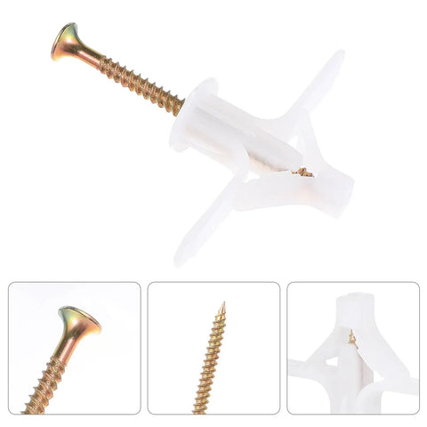 Expansion Screw Set For Gypsum Board With Nylon Hollow Wall Anchors And Self Drilling Screws M8x38, close-up on screw and anchor