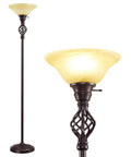 Torchiere Floor Lamp With Glass Bowl Shade and Swirl Vane Details, LED Standing Reading Light, Red Brown Finish