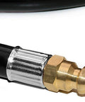 Close-up of Twelve Foot RV Propane Quick Connect Hose With Elbow Fitting for Blackstone griddle, showing brass connector and black hose.