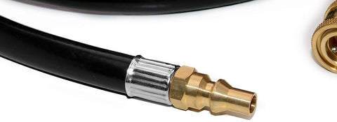 Close-up of Twelve Foot RV Propane Quick Connect Hose With Elbow Fitting for Blackstone griddle, showing brass connector and black hose.