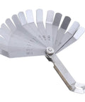 Front view of curved steel feeler gauge with 16 blades spread like a fan for woodworking measurement