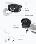 Detailed image of Dual-Lens 16MP UHD PoE Security Camera with 180-Degree Panoramic View showing lens, sensor, ports, and brackets.