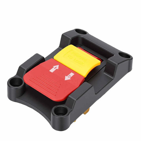 Sweet Upgrade 16A Dual Voltage Emergency Stop Paddle Switch For Table Saw Drill Press Plug And Play Setup With No Hassle Operation And Smooth Shop Safety For Woodworking Gear, close-up of red and yellow paddle switch with locking mechanism.