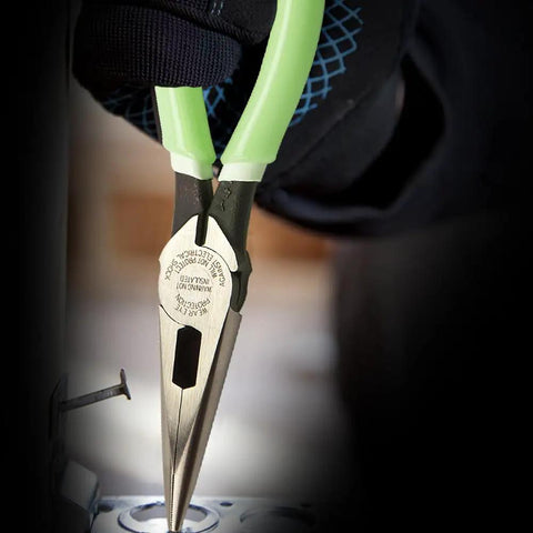 Glow In The Dark 8 Inch Long Nose Pliers With Hi Vis Grips For Reach And Leverage Heavy Duty Needle Nose Pliers Forged In USA