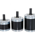 Front view of three 42mm planetary gearbox reducers with black housings, silver end caps, and shafts.