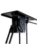 Close-up of Garage Ceiling Pulley System 2 Pack for Kayaks and Canoes, heavy-duty overhead lift mechanism, black alloy steel, side view.