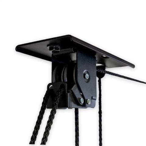 Close-up of Garage Ceiling Pulley System 2 Pack for Kayaks and Canoes, heavy-duty overhead lift mechanism, black alloy steel, side view.