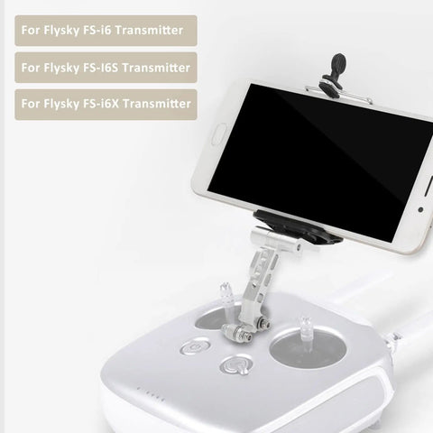 Adjustable Phone Holder Mount For RC Transmitters And Drone Pilots on FS-i6 series with phone, ABS body, aluminum base shown.