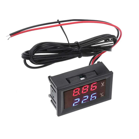 JAGTRADE 2-in-1 car thermometer and voltmeter with square LED display, red voltage readout and blue temperature readout, 12-24V.