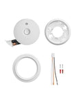 Top Shelf Hardwire Smoke Alarm With Battery Backup And Early Warning Chirp Total No Sweat Setup Three Pack Bundle showing components.