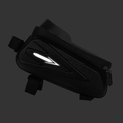 Bike Frame Bag With Touchscreen Phone Holder For Road And Mountain Bikes Large Capacity Cycling Storage Bag, side view in dark