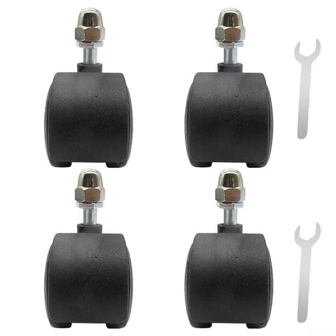 Front view of 4-pack black omni-directional caster wheels with metal stems and nuts for home appliances.