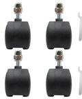 Four black front-view caster wheels with metal stems and nuts; two wrench icons visible.