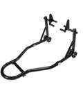Universal Front Combo Wheel Fork Paddock Stand Lift for Motorcycles, fits sport bikes like Yamaha Honda Kawasaki Suzuki Ducati, durable iron construction with black powder coat for stable lifts, front view
