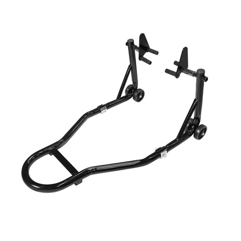 Universal Front Combo Wheel Fork Paddock Stand Lift for Motorcycles, fits sport bikes like Yamaha Honda Kawasaki Suzuki Ducati, durable iron construction with black powder coat for stable lifts, front view
