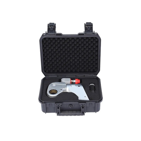 Heavy Duty Rock Solid Aluminum Alloy Hydraulic Torque Wrench With Slick Swivel Joint For Zero Fuss Fastening And Knockout Torque Range From 436 To 4364 Nm in protective case.