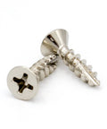 Shop Ready European Concealed Cabinet Hinge Screws 1000 Count flat head type 17 nickel plated steel fasteners angled view.