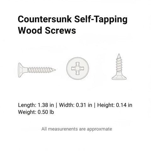 Diagram of self tapping wood screws with countersunk head in 304 stainless steel for flush furniture assembly and woodworking projects.