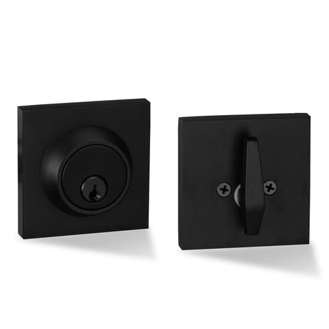 Passage Lever Door Handle Set With Single Cylinder Deadbolt Lock In Iron Black Finish, square design detail view