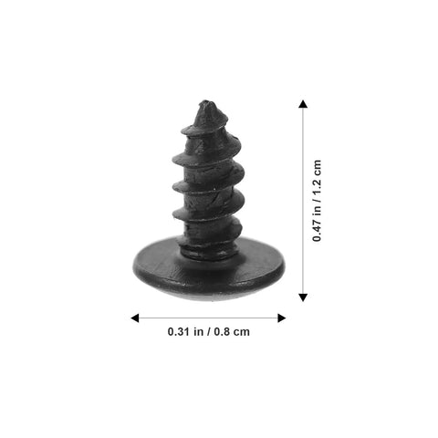 100 Pack Black Carbon Steel Wood Screws M4 X 10mm Self Tapping Fasteners showing a close-up of a black wood screw with measurements.