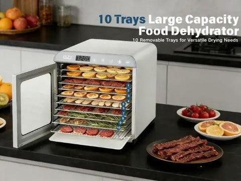 Heavy Duty Ten Tray Food Dehydrator Machine That Runs Smooth Like A Champ With 800W Turbo Power In Silver Frame