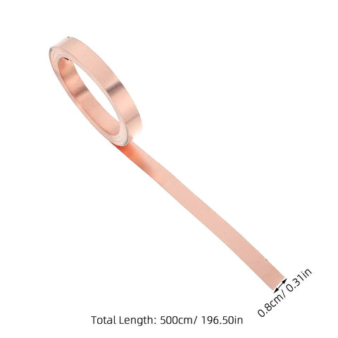 Straight Up Pure Copper Welding Strips For Ev Battery Packs And Power Modules smooth thin roll measuring 500cm length and 0.8cm width.