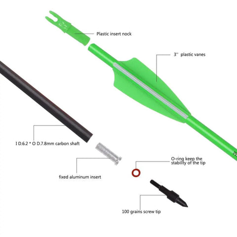 Carbon Practice Arrows 28 Inch For Youth Bow Pack Of 6, 29.5 Inch Total Length components including nock and vanes