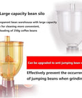 Large capacity bean silo for Portable Stainless Steel Electric Conical Burr Coffee Grinder, visible and removable for easy cleaning.