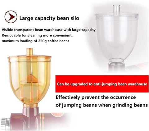 Large capacity bean silo for Portable Stainless Steel Electric Conical Burr Coffee Grinder, visible and removable for easy cleaning.