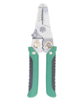 No Sweat Heavy Duty Spring Loaded Wire Stripper Multifunctional Terminal Crimping Tool With Rugged Stainless Steel Construction For Electricians top view of tool with green grips.