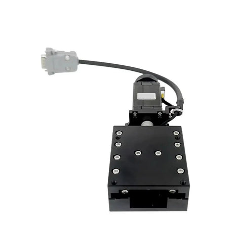 Knockout Precision Motorized Linear Translation Stage With Electric X Axis Displacement Platform And Silent Stepper Motor Drive on a black base, front view.