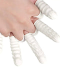 Top Shelf Anti Static Fingertip Protectors White Latex Finger Cots No Sweat Safety Gloves For Electronics Repair painting, showing a hand with cots.