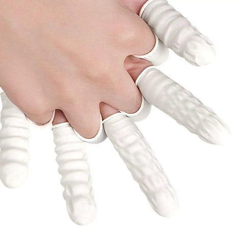 Top Shelf Anti Static Fingertip Protectors White Latex Finger Cots No Sweat Safety Gloves For Electronics Repair painting, showing a hand with cots.