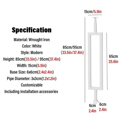 Solid Core White Balusters And Stair Spindles For Deck Porch And Indoor Setup With Beefy Floor Mount Base And No Drama Thirty Pack Plus Screw Hardware Kit For Quick Home Fix specification image showing dimensions and material details.