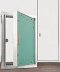 Heavy Duty Drywall Access Panel With Clean Flush Mount Lid And Weather Resistant Aluminum Shell installed in wall.