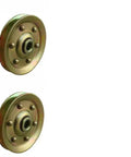 Built Tough 3 Inch Garage Door Pulley Set With 200Lb Load Rating 4 Pack Lubricated Bearings for Ultra Smooth Cable Operation. Image shows four metal pulleys.