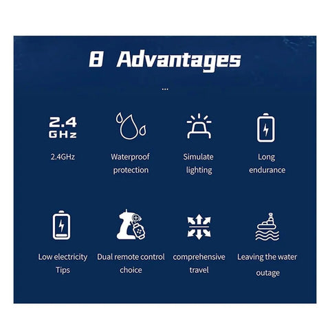 Image highlighting 8 advantages of the RC Battleship Model LHD-881, featuring waterproof design and simulate lighting.