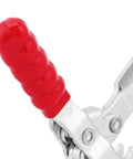 Close-up of Toggle Clamp Quick Release Jig Clamp for Woodworking and Assembly with red handle, silver electroplated body