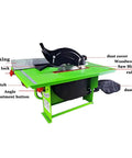 Portable Benchtop Table Saw With 800W Powerhouse Motor, showcasing angle adjustment button and dust bag.