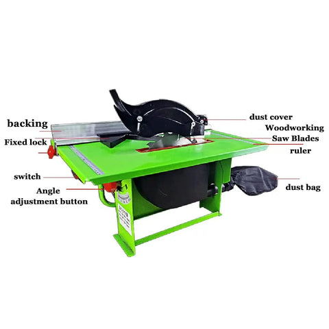 Portable Benchtop Table Saw With 800W Powerhouse Motor, showcasing angle adjustment button and dust bag.