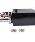 Beefy 12V DC Single Acting Hydraulic Pump Power Unit With 3.75 Gallon Steel Reservoir For Dump Trailers And Dump Trucks And Industrial Use High Flow 0.91 GPM Corrosion Resistant Motor Heavy Duty Hydraulics, side view with fittings.