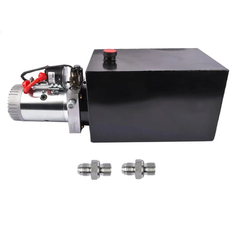 Beefy 12V DC Single Acting Hydraulic Pump Power Unit With 3.75 Gallon Steel Reservoir For Dump Trailers And Dump Trucks And Industrial Use High Flow 0.91 GPM Corrosion Resistant Motor Heavy Duty Hydraulics, side view with fittings.