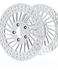Heavy Duty Front Brake Rotor Pair Two Piece Set For Left Driver And Right Passenger Side Replacement Stainless Steel Silver Finish showing the surface design.