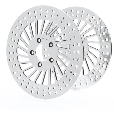 Heavy Duty Front Brake Rotor Pair Two Piece Set For Left Driver And Right Passenger Side Replacement Stainless Steel Silver Finish showing the surface design.