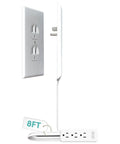 Ultra Thin Outlet Concealer Kit with flat extension cord power strip, side view showing wall and outlet design, 8 ft cable