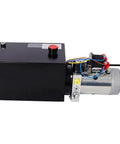Yaton 12V 3HP Hydraulic Power Unit With 8 Quart Steel Tank For Dump Trailer Lift Gate Log Splitter Heavy Duty Electric Pump 2.1 Gpm Flow Black side view showing motor and tank.