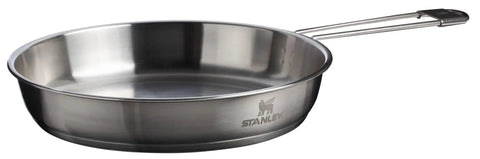 Stainless steel fry pan from Grub Ready All In One Camp Kitchen Gear 26 Piece Outdoor Cook Set With 4 Qt Pot Lid 8 Inch Fry Pan Plates Bowls Utensils Tableware BPA Free Ultra Durable Camping Essentials For Off Grid Meals.