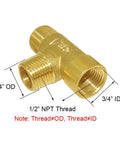 Diagram of Brass Pipe Fitting Tee 3 Way NPT 1/2 In Male X 1/2 In Male X 1/2 In Female Hose Fitting For Plumbing with thread sizes labeled