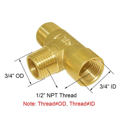 Diagram of Brass Pipe Fitting Tee 3 Way NPT 1/2 In Male X 1/2 In Male X 1/2 In Female Hose Fitting For Plumbing with thread sizes labeled