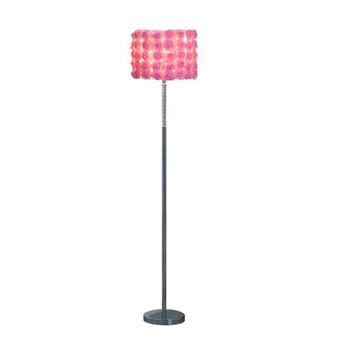 Roses In Bloom Pink Drum Shade Floor Lamp, 63 Inch Acrylic And Metal Modern Glam Piece With 80 Pink Roses, full view